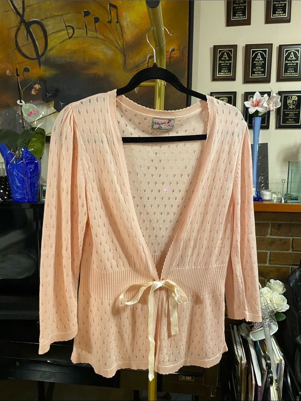 April Cornell Pink Openwork Tie-Front Cardigan
